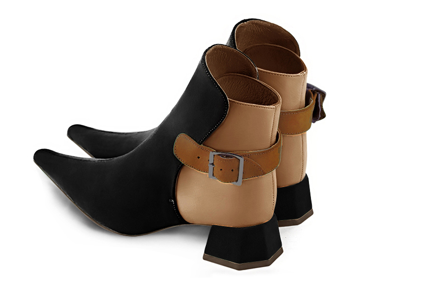 Women's matt black, camel beige and caramel brown elegant ankle boots, with buckles at the back. Pointed toe. Low flare heels - Rear view